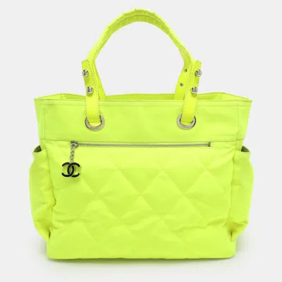 Pre-owned Chanel Paris Biarritz Large Neon Green Leather And Nylon Tote