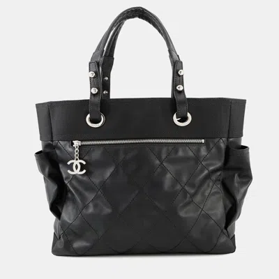 Pre-owned Chanel Paris-biarritz Tote Bag Black Leather Canvas Size Gm