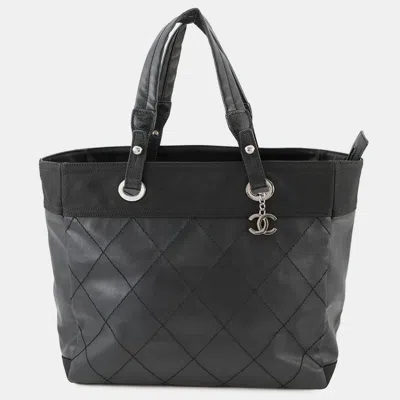 Pre-owned Chanel Paris-biarritz Tote Bag Black Leather Canvas Size Mm