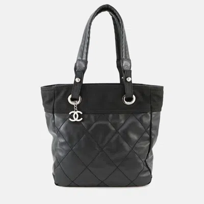 Pre-owned Chanel Paris-biarritz Tote Black Coating Canvas Leather Size Pm
