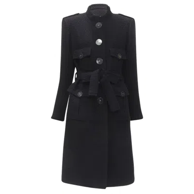 Pre-owned Chanel Paris Cosmopolite Tweed Cc Button Belted Coat In Black
