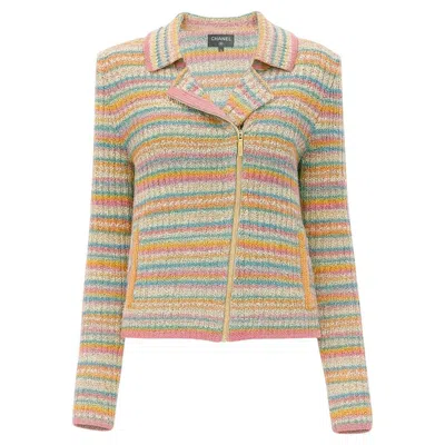 Pre-owned Chanel Paris / Cuba Havana Rainbow Knit Biker Jacket 36 Fr In Sand