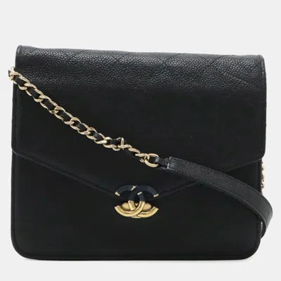 Pre-owned Chanel Paris -cuba Square Quilted Black Caviar Leather Wallet On Chain Bag