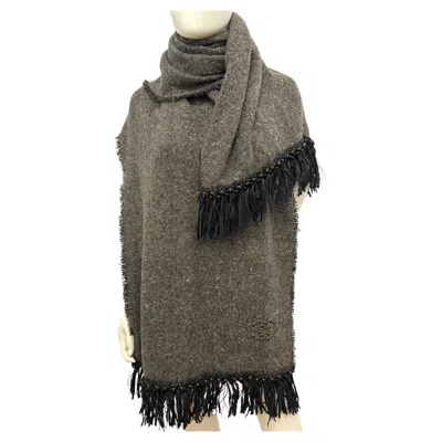 Pre-owned Chanel Paris Dallas 2014 Oversized Tweed Shawl With Leather Fringe & Cc Studs In Black