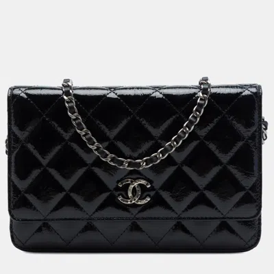 Pre-owned Chanel Paris Dallas Cc Quilted Black Patent Goatskin Wallet On Chain Crossbody Bag