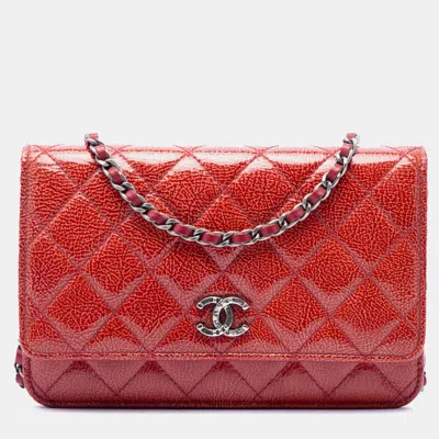 Pre-owned Chanel Paris Dallas Red Patent Goatskin Wallet On Chain Bag