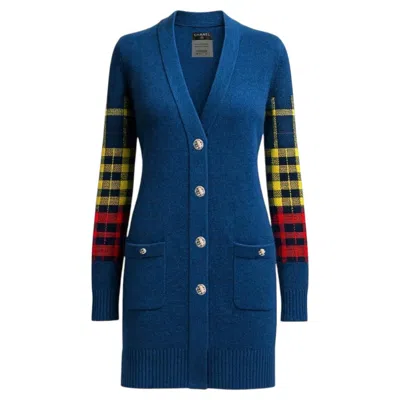 Pre-owned Chanel Paris / Edinburgh Sapphire Tartan Cardigan 38 Fr In Blue