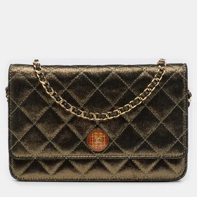 Pre-owned Chanel Paris -edinburgh Tartan Button One Size Gold Quilted Iridescent Lambskin Leather Wallet On Chain Bag