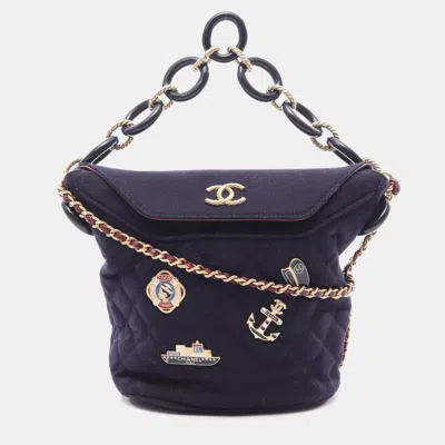 Pre-owned Chanel Paris Hamburg Charms Navy Quilted Wool Lambskin Crossbody Bucket Bag In Navy Blue