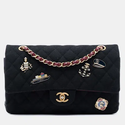 Pre-owned Chanel Paris -hamburg Medium Classic Jersey Coco Sailor Charms Double Flap Shoulder Bag In Black