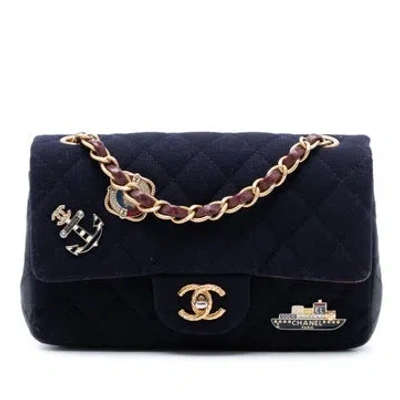 Pre-owned Chanel Paris Hamburg Mini Rectangular Classic Jersey Coco Sailor Charms Single Flap In Blue