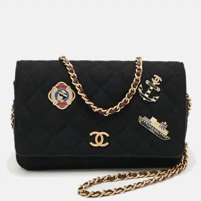 Pre-owned Chanel Paris-hamburg Runway Black Quilted Fabric Wallet On Chain
