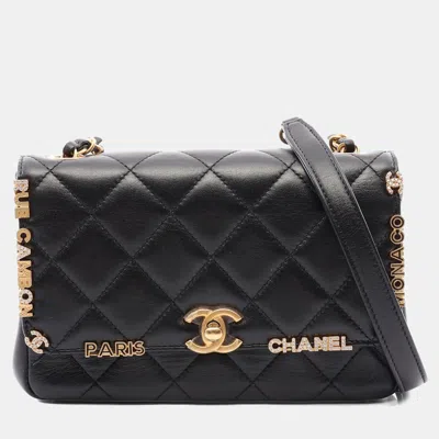 Pre-owned Chanel Paris Monaco Charm Mini As3731 Black Lambskin Leather Shoulder Bag