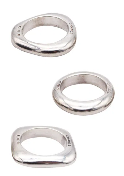 Pre-owned Chanel Paris Trio Of Geometric Rings In Polished Solid .925 Sterling Silver In Multi