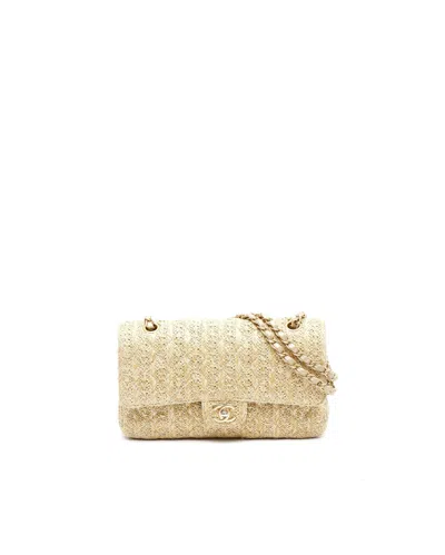 Pre-owned Chanel Paris-athens Classic Raffia Medium Double Flap Bag In Sand