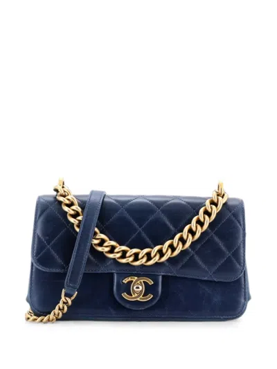 Pre-owned Chanel Paris-cosmopolite Straight Lined Flap Bag Quilted Aged Calfskin Small Shoulder Bag In Blue