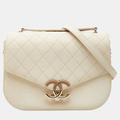 Pre-owned Chanel Paris-cuba Thread Around Flap Medium Beige Caviar Leather Shoulder Bag In Sand