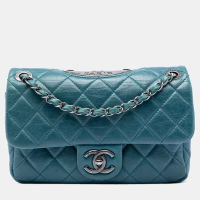 Pre-owned Chanel Paris-dallas Plaque Small Blue Quilted Calfskin Double Flap Bag
