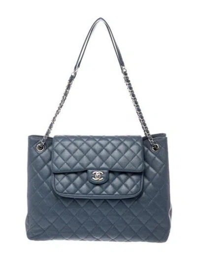 Pre-owned Chanel Paris-edinburgh Quilted Flap Tote In Blue