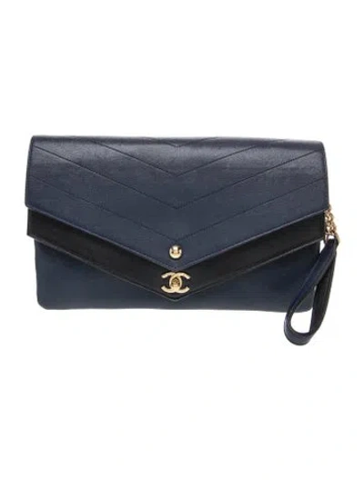 Pre-owned Chanel Paris-hamburg Double Chevron Flap Clutch In Blue