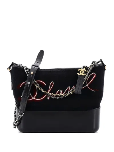 Pre-owned Chanel Paris-hamburg Gabrielle Embroidered Wool And Calfskin Medium Hobo Bag In Black