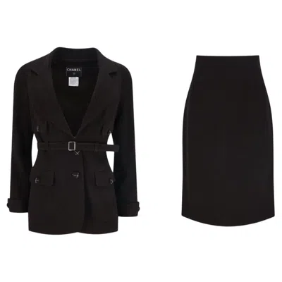 Pre-owned Chanel Paris-montecarlo Vintage Wool Jacket & Skirt Two-piece Set In Black