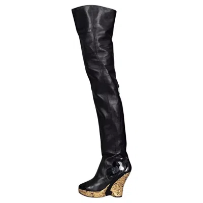 Pre-owned Chanel Paris-moscow Black Leather Over-the-knee Wedge Boots - Size 37.5