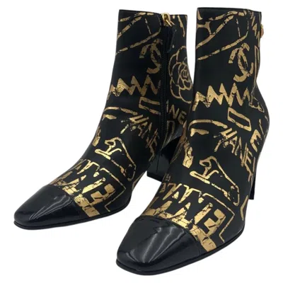 Pre-owned Chanel Paris-new York Graffiti Ankle Boots Black Gold Leather Cc Shoes Size 36.5