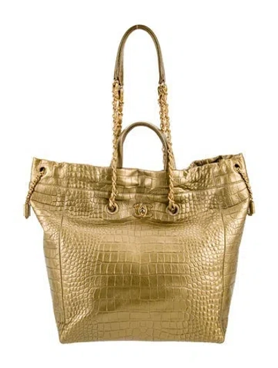 Pre-owned Chanel Paris-new York Large Coco Croc Embossed Tote In Gold