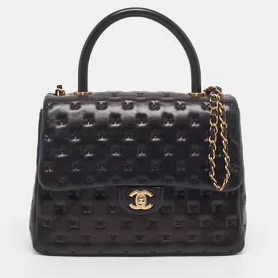 Pre-owned Chanel Paris-rome Coco Black Cross Stitch Leather Top Handle Bag