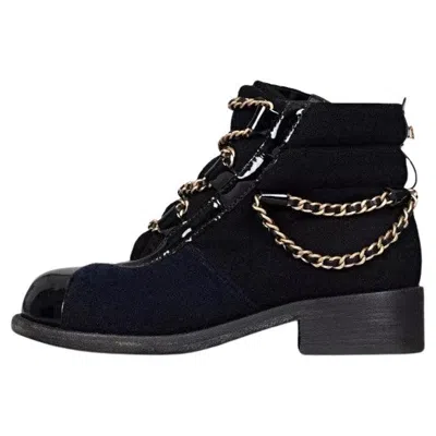 Pre-owned Chanel Paris-salzburg Chain Textile Boots - Size 36.5 In Black