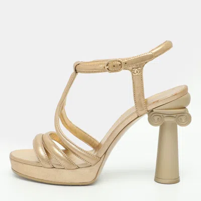 Pre-owned Chanel Parthenon Grecian Column Size 39 Metallic Gold Leather Platform Sandals