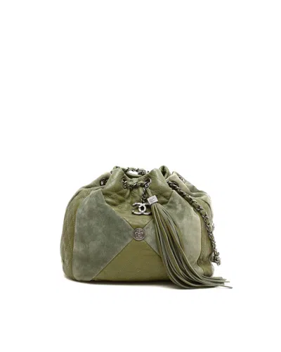 Chanel Patchwork Drawstring Bucket Bag In Green
