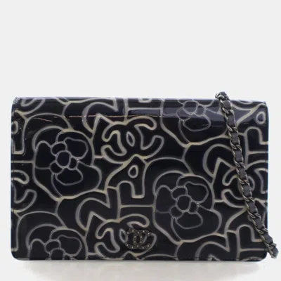 Pre-owned Chanel Patent Camellia Embossed Wallet On Chain In Blue