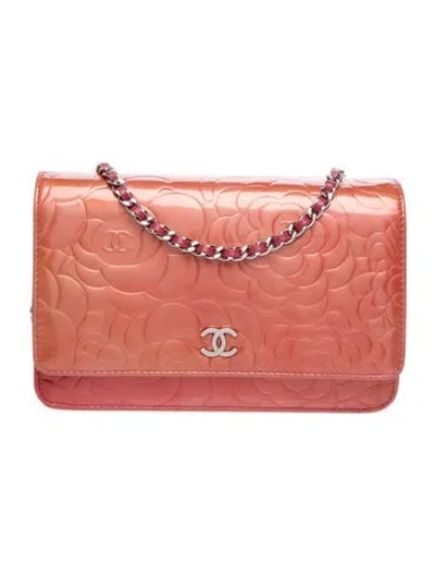 Pre-owned Chanel Patent Camellia Wallet On Chain In Orange