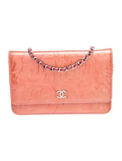Pre-owned Chanel Patent Camellia Wallet On Chain In Pink