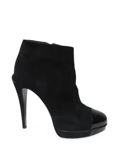 Pre-owned Chanel Patent Cap-toe Platform Ankle Boots In Black