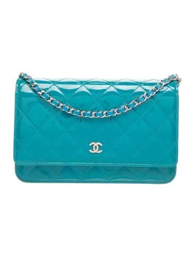 Pre-owned Chanel Patent Classic Quilted Wallet On Chain In Blue