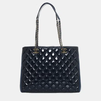 Pre-owned Chanel Patent Goatskin Cc Paris-salzburg Eyelet Tote In Blue