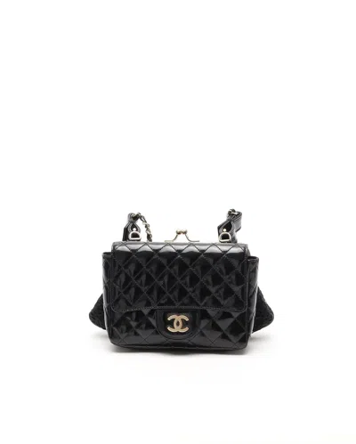 Pre-owned Chanel Patent Leather And Lace Mini Kiss Lock Double Sided Bag In Black