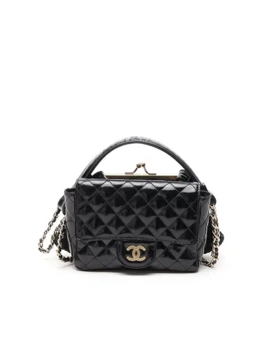 Pre-owned Chanel Patent Leather And Lace Mini Kiss Lock Double Sided Bag In Black
