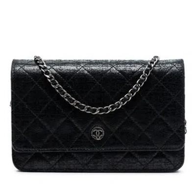 Pre-owned Chanel Patent Leather Cc Quilted Crinkled Patent Wallet On Chain In Black
