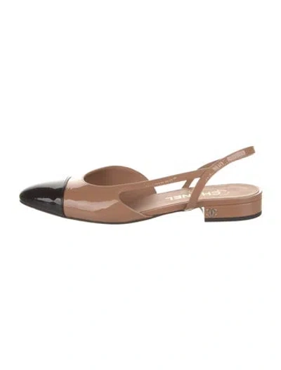 Pre-owned Chanel Patent Leather Colorblock Pattern Slingback Flats In Brown