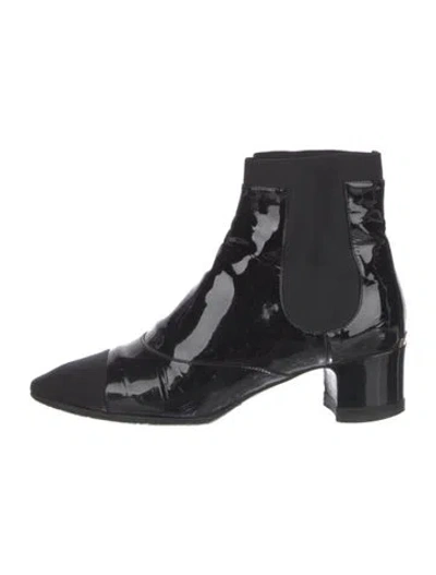 Pre-owned Chanel Patent Leather Grosgrain Trim Chelsea Boots In Black