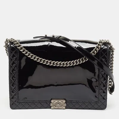 Pre-owned Chanel Patent Leather Large Reverso Boy Flap Bag In Black