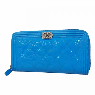 Pre-owned Chanel Patent Leather Long Wallet (bi-fold) () In Blue