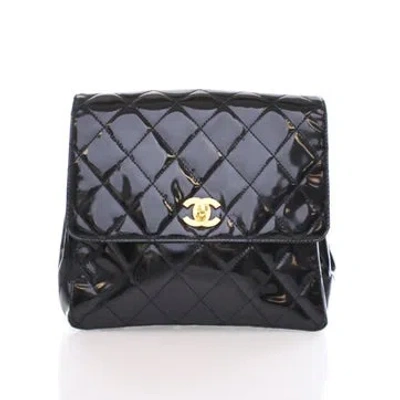 Pre-owned Chanel Patent Leather Quilted Cc Backpack In Black