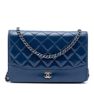 Pre-owned Chanel Patent Leather Quilted Patent Aged Calfskin Gabrielle Wallet On Chain In Blue