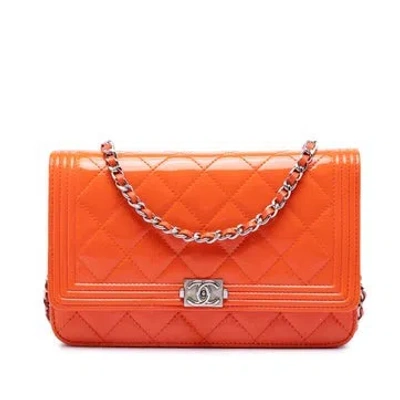 Pre-owned Chanel Patent Leather Quilted Patent Boy Wallet On Chain In Orange