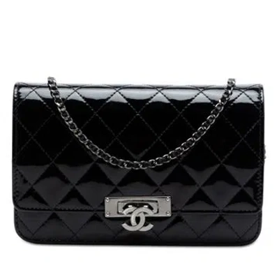 Pre-owned Chanel Patent Leather Quilted Patent Golden Class Wallet On Chain In Black